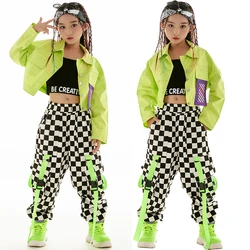 Hip Hop Costume Jazz Dance Kpop Outfit Stage Wear Fashion Girls Clothes Green Jacket Checkered Pants Long Sleeves Kids