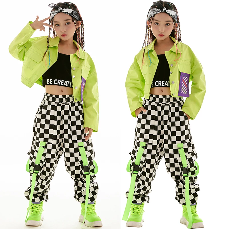 Kostium Hip Hop, Taniec Jazzowy, Strój Kpop, Ubrania Sceniczne, Moda Dziewczęca, Zielona Kurtka, Spodnie w Kratę, Długi Rękaw, Dziecięce