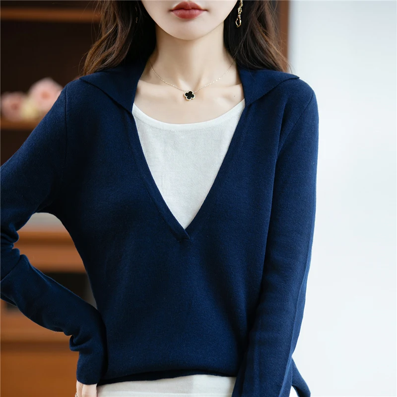 

2025 Autumn&Winter Fake Two Pieces Pullover Women's knitting Pure Wool Sweater Long sleeved High Quality Loose Basic Tops