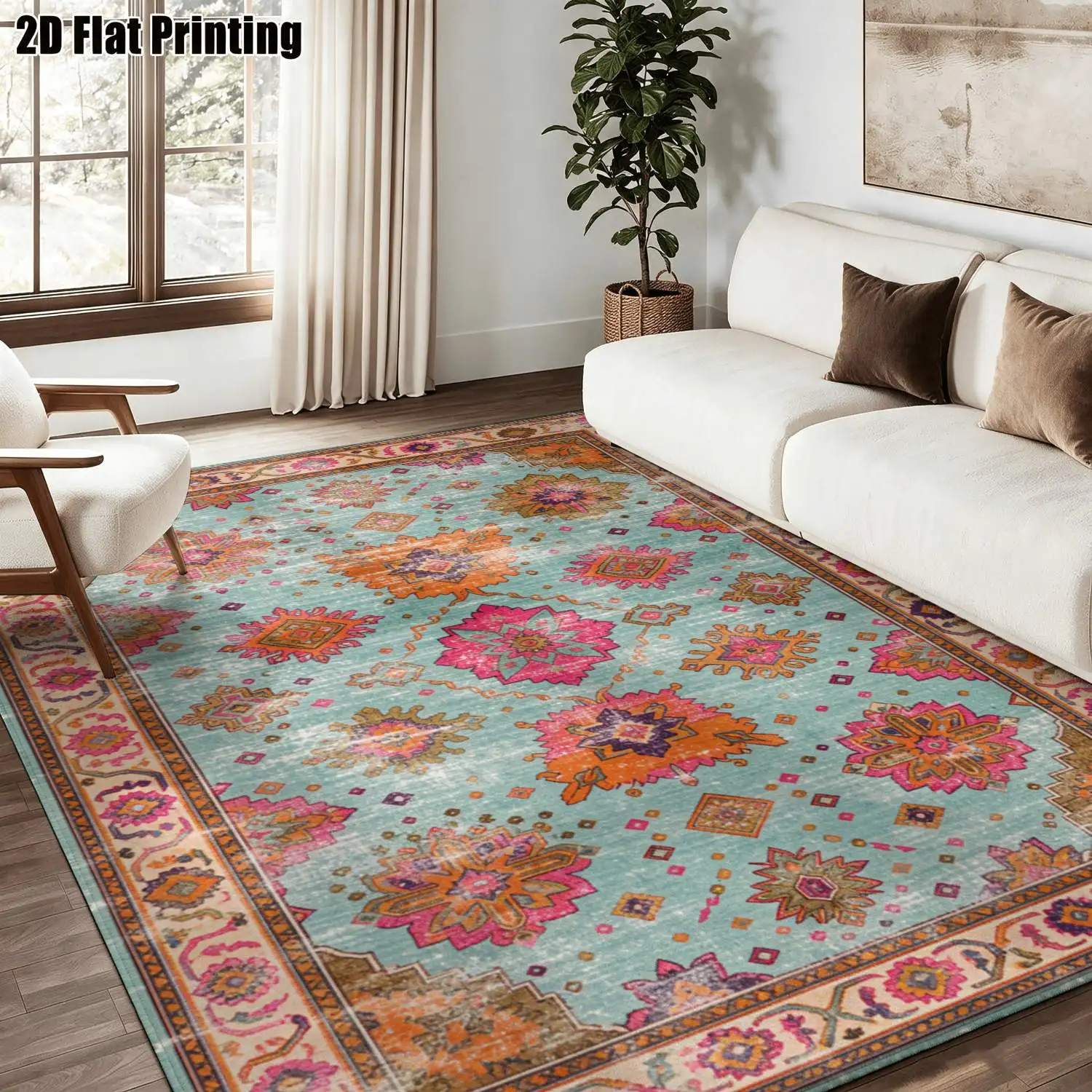 1Pc 2D Printed Carpet: Blue Background, Pink-Orange Floral, European/Retro/Bohemian/Geometric Striped Style For Home Decor, Available in Multiple Sizes, Machine Washable, Suitable for Entryway, Living Room, Dining Room, Bedroom, Foyer.