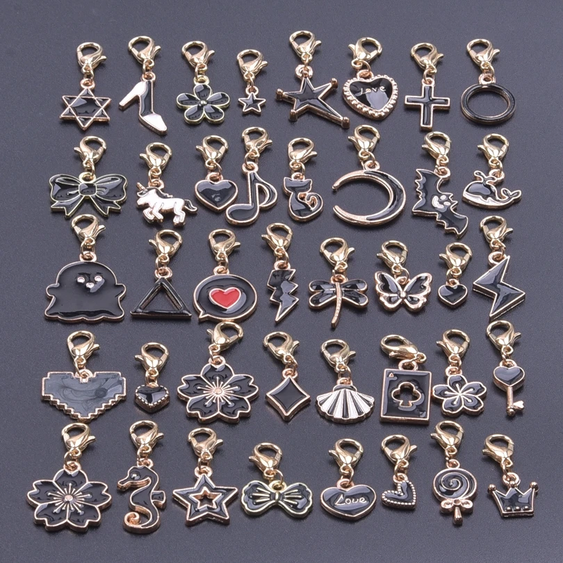 10/20/30/40pcs Wholesale Black Enamel Charms With Lobster Clasps Fit Backpack Bag Keychain DIY Moon Star Heart Pendant Materials