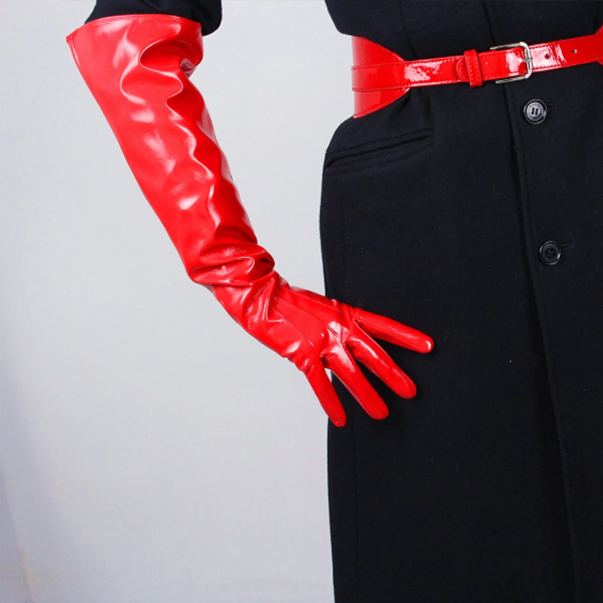 

Elbow Long Leather GLOVES Shine Red PUFF SLEEVES Unisex Oversized Faux PU 50cm Fashion Costume Evening Party Opera Glove