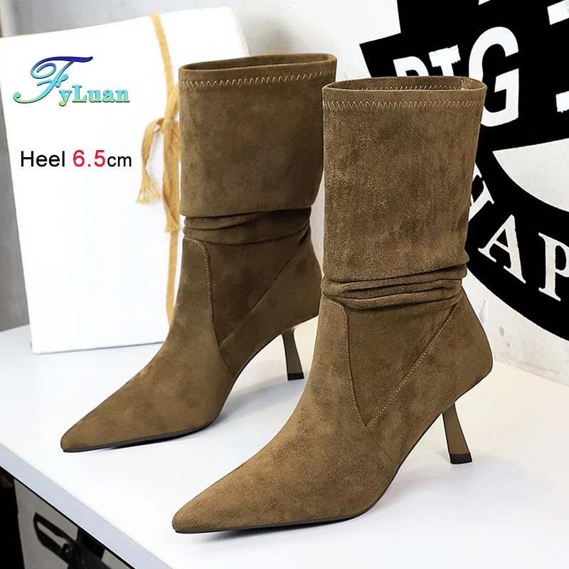 

Эластичные замшевые ботинки с острым носком для женщин, модные штабелируемые ботинки на тонком высоком каблуке 6,5 см, весенне-осенние женские туфли без шнуровки на шпильке