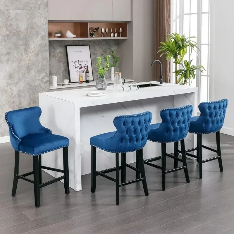 Bar Stools Set of 4 Counter Height, Velvet Upholstered Barstools with Solid Wood Legs, Button Tufted and Nailheads Trim, Blue