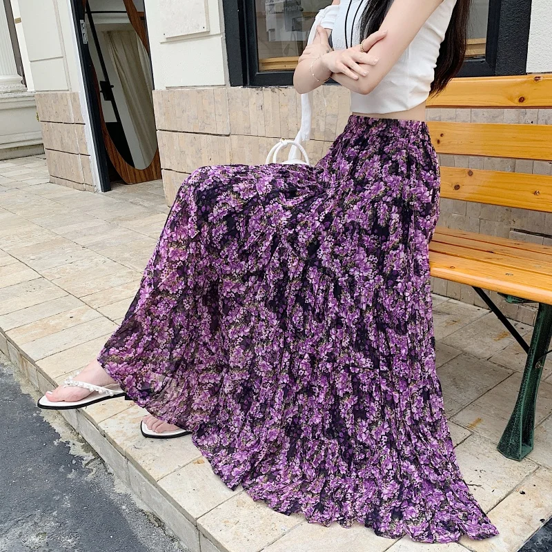 

Summer Women's High Waist Floral Print Chiffon Skirt Midi A-Line Pleated Flower Skirt Korean Sle Thin Polyester Fabric