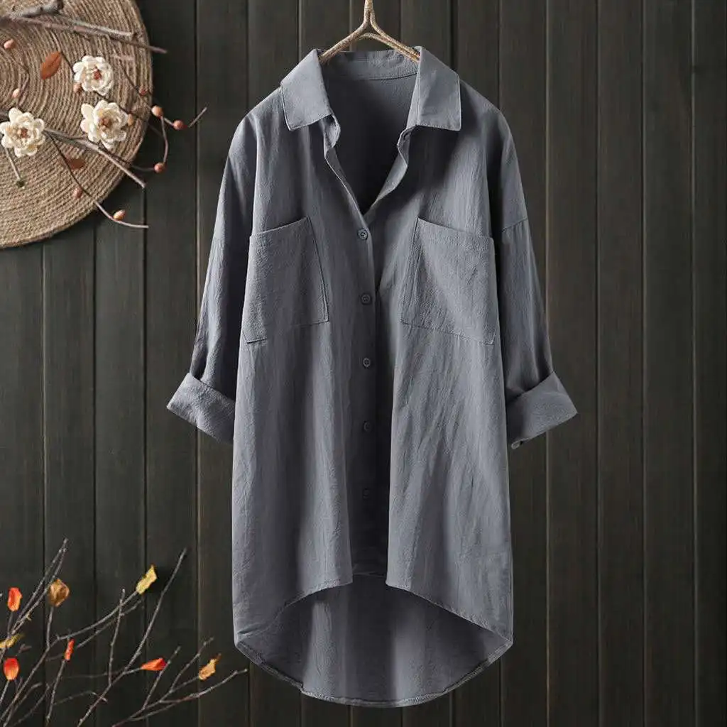 Plus Size L-5XL Casual Shirts Women 2024 New Long Sleeve Lapel Neck Blouse Tops Solid Color Buttons Ladies Pockets Basic Shirt