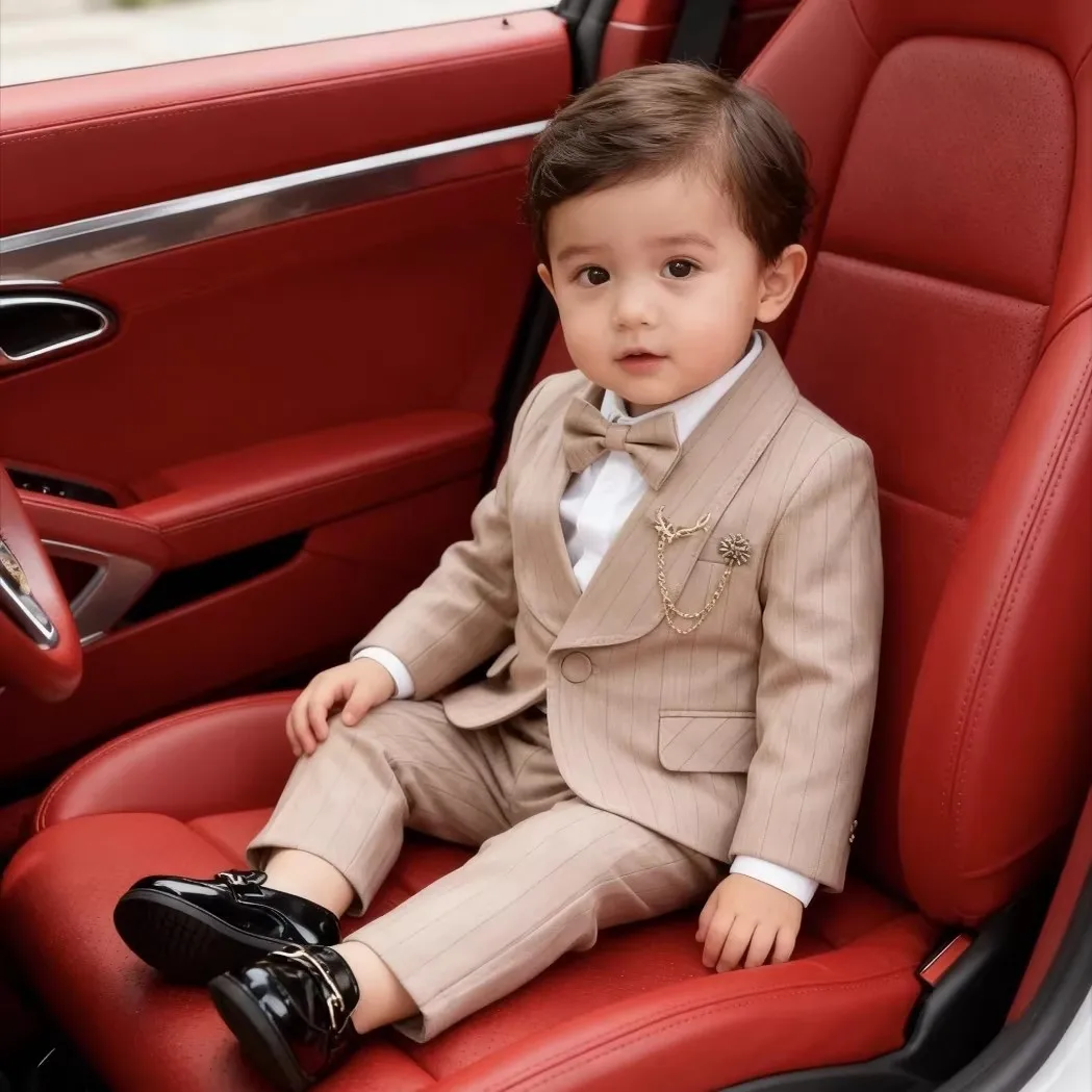 Children's Striped Suit Set Flower Boy Wedding Dress Little Boy Gentleman Light Luxury Set Baby First Birthday Formal Wear Male