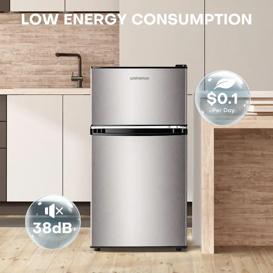 3.2 Cu.Ft Mini Fridge with Freezer Double Door Design Adjustable Thermostat Compact Mini Refrigerator Ideal for Dorm Rooms Offi