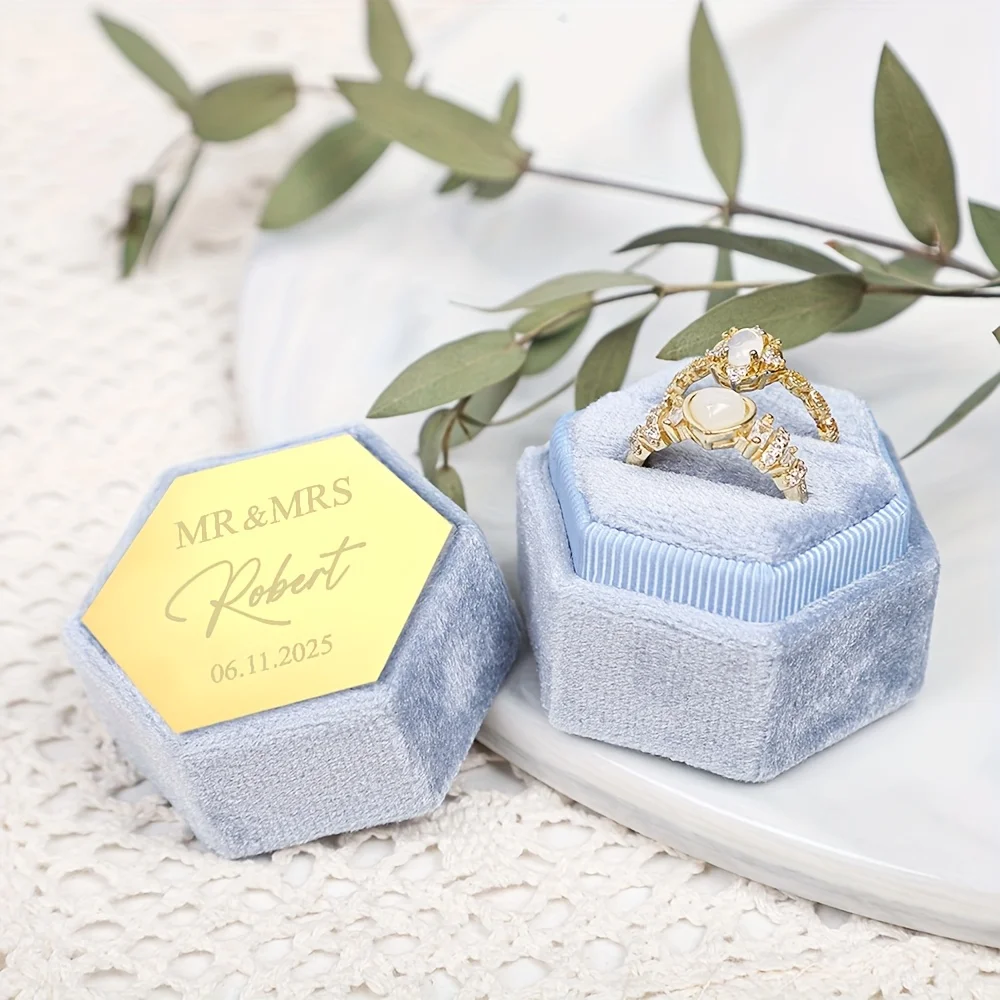 Custom Engraved Golden Mirror Velvet Ring Box-Hexagonal Modern Wedding&Engagement Ring Case with Soft Velvet Lining,JewelryBoxes