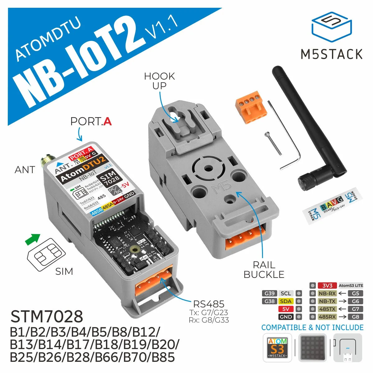 M5Stack Atom DTU NBIoT2 v1.1 Global Cat-NB Band NB-IoT Wireless Transmission