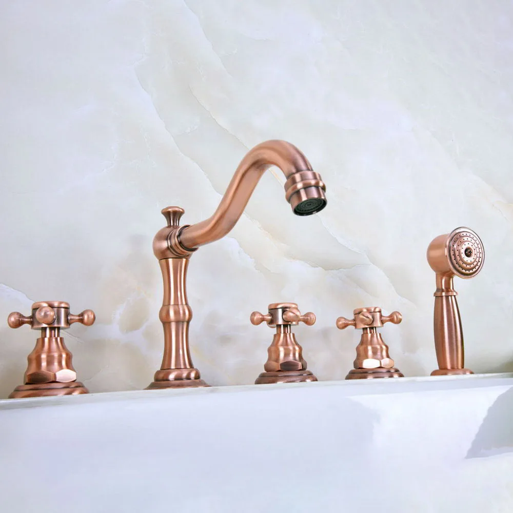 Deck Mounted 5 Hole Antique Red Copper Bathroom Roman Tub Faucet Mixer Tap Set With Hand Shower  Lna222