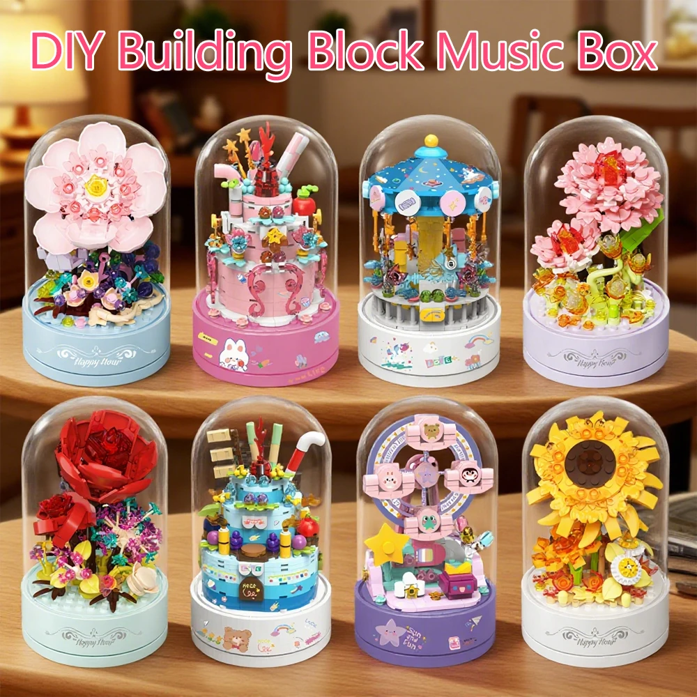 

MOC 3D блок в сборе, пластиковая карусель с цветком, музыкальная шкатулка — подсолнух, роза, торт, колесо обозрения, подарок для взрослых и девочек