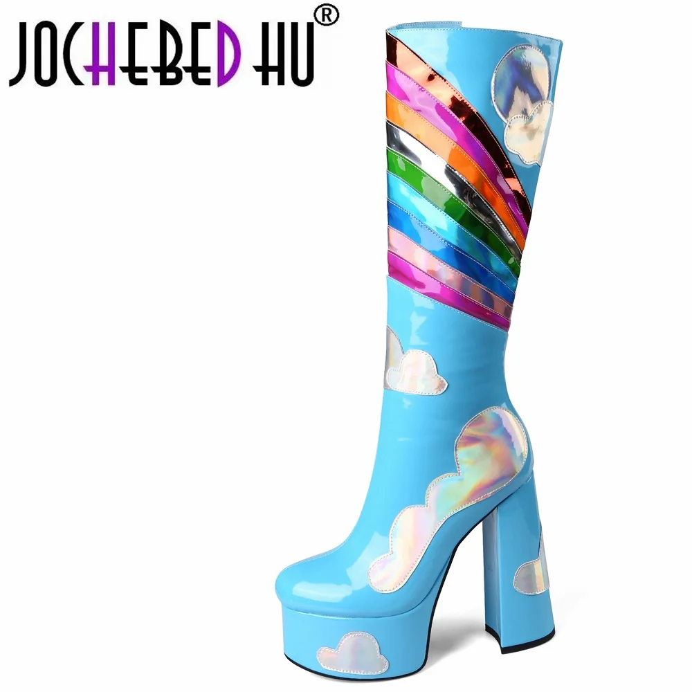 

【JOCHEBED HU】Rainbow Super High Platform Knee High Boots for Women Sky Cloud Thick Bottom Leather Long Boots Designer Zipper