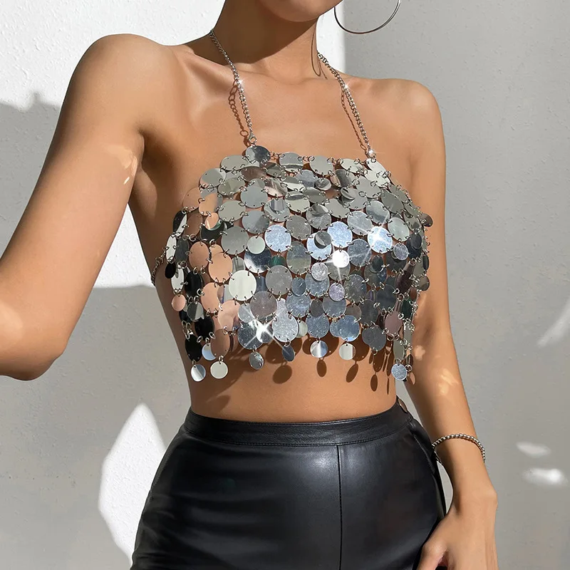 

2023Sexy backless sequin vest pure handmade metal bead splicing small halter slim halter vest