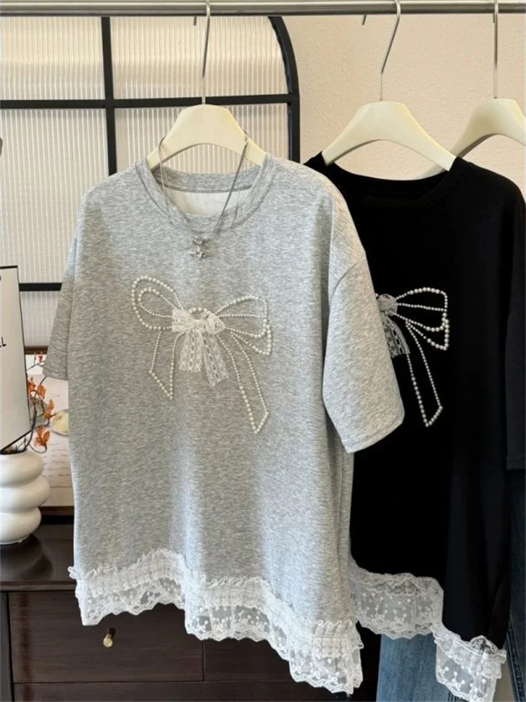 Faionable Heavy Embellied Lace Patchwork ort Sve T-irt ex Summer Vintage ey Casual Versatile Women's Top