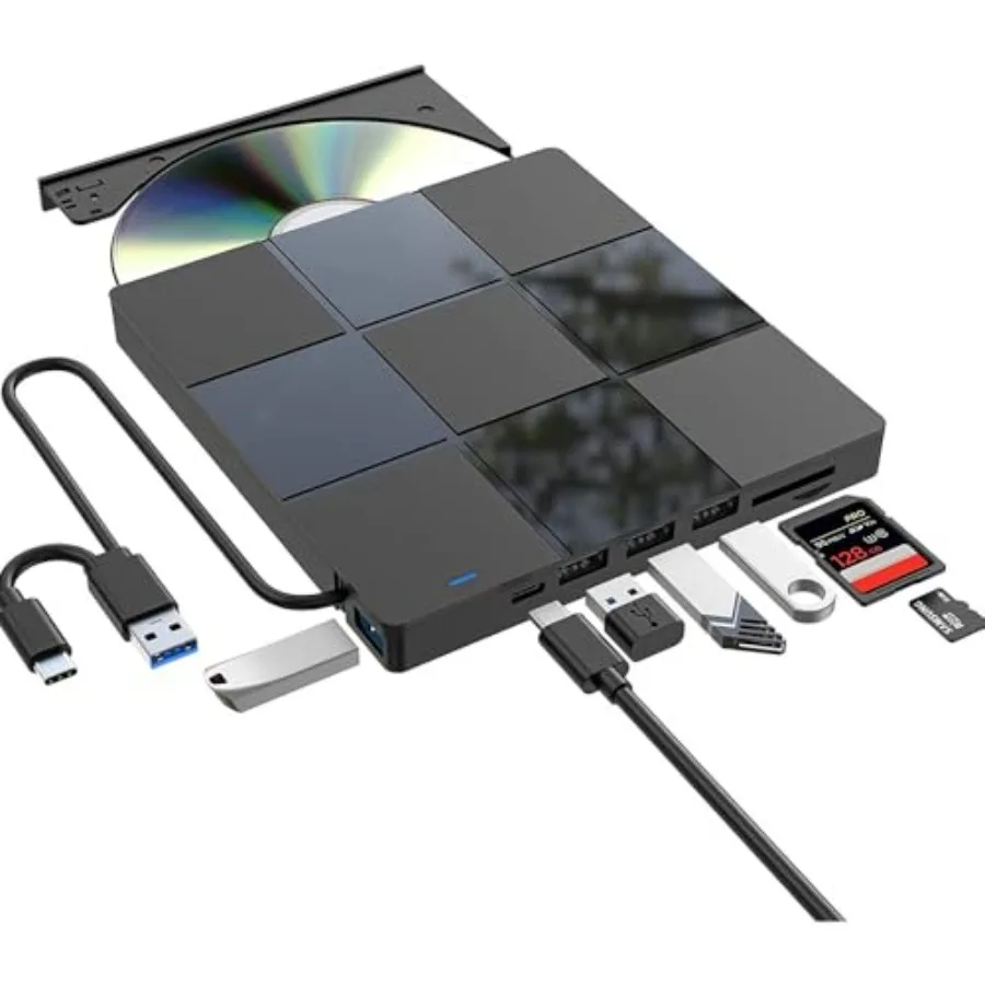 Unidad de CD/DVD Externa USB 3.0 de 7 Pulgadas y 2 Puertos, Negra, Alta Velocidad ​ ​ Unidad óptica portátil compatible con USB-C, lectura/escritura de CD 24X/DVD 8X