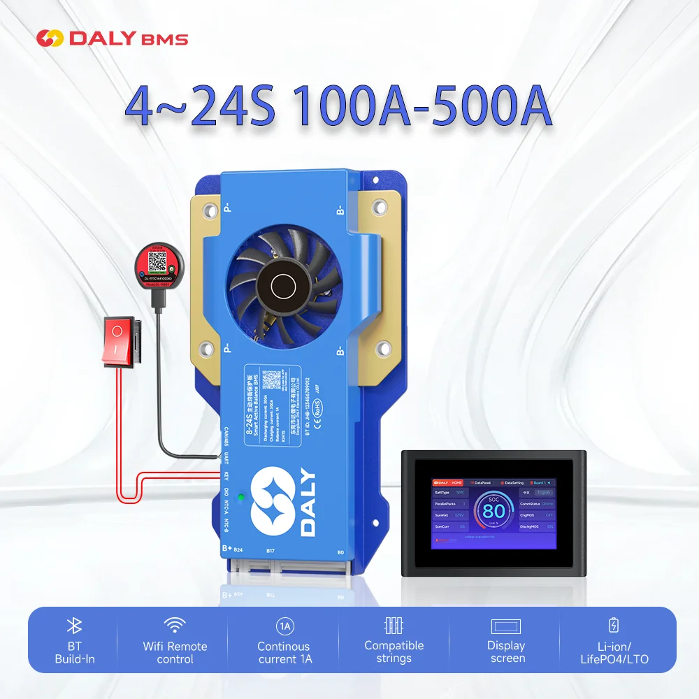 DALY Smart BMS 4S Active Balance LiFePo4 BMS 4S 12V 48V 8S 24V 16S 100A 150A 200A 300A 500A 1A BMS with 4.3LCD RS485 WIFI Key