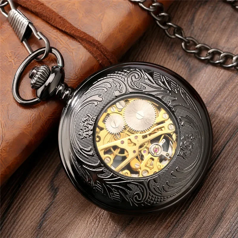 Vintage Roman Numerals Transparent Glass Cover Men's Handwinding Mechanical Pocket Watch Pendant Clock with Black Fob Chain Gift
