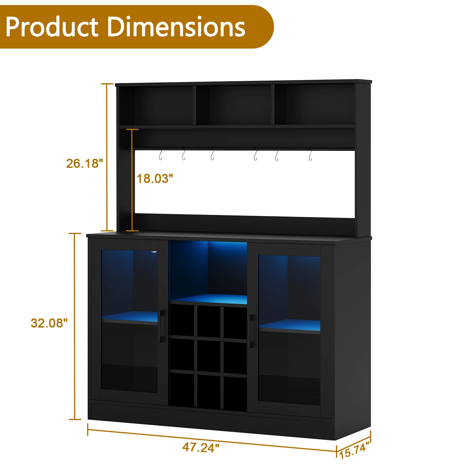 Liquor Cabinet Coffee Bar Cabinet with Power Outlet, LED Light, 6 Hooks, 9 Wink Racks and Adjustable Shelf, Wine Rack