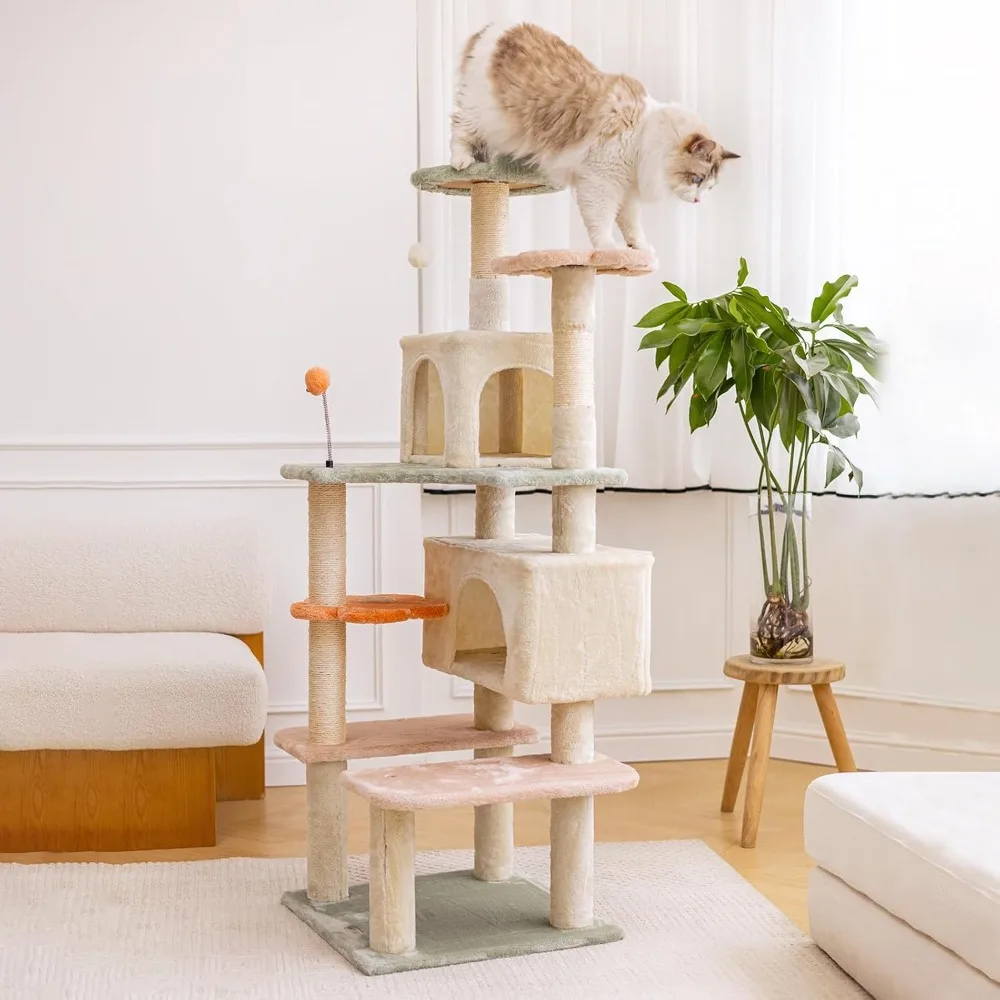 

HYABi 59 Inch Flower Cat Tree Tower - Multi-Level Cat Condo with Plush Scratching Posts, Toy Balls, and Pet House, Indoor Play P