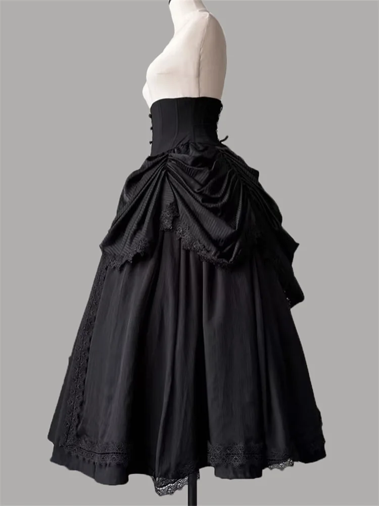 Zwart Wit Lolita Hoge Taille A-lijn Japanse Rokken voor Vrouwen Kawaii Zoete Ruche Kostuum Patchwork Kant Vintage Lange Rok