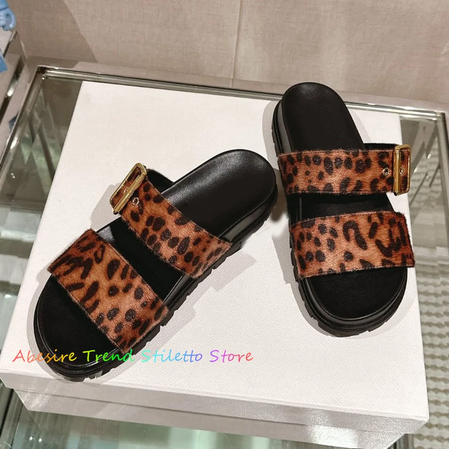 

Summer New Leopard Print Comfortable All Match Velvet Round Head Flat Bottom Thick Heel Buckle Strap Cool Slippers for Women