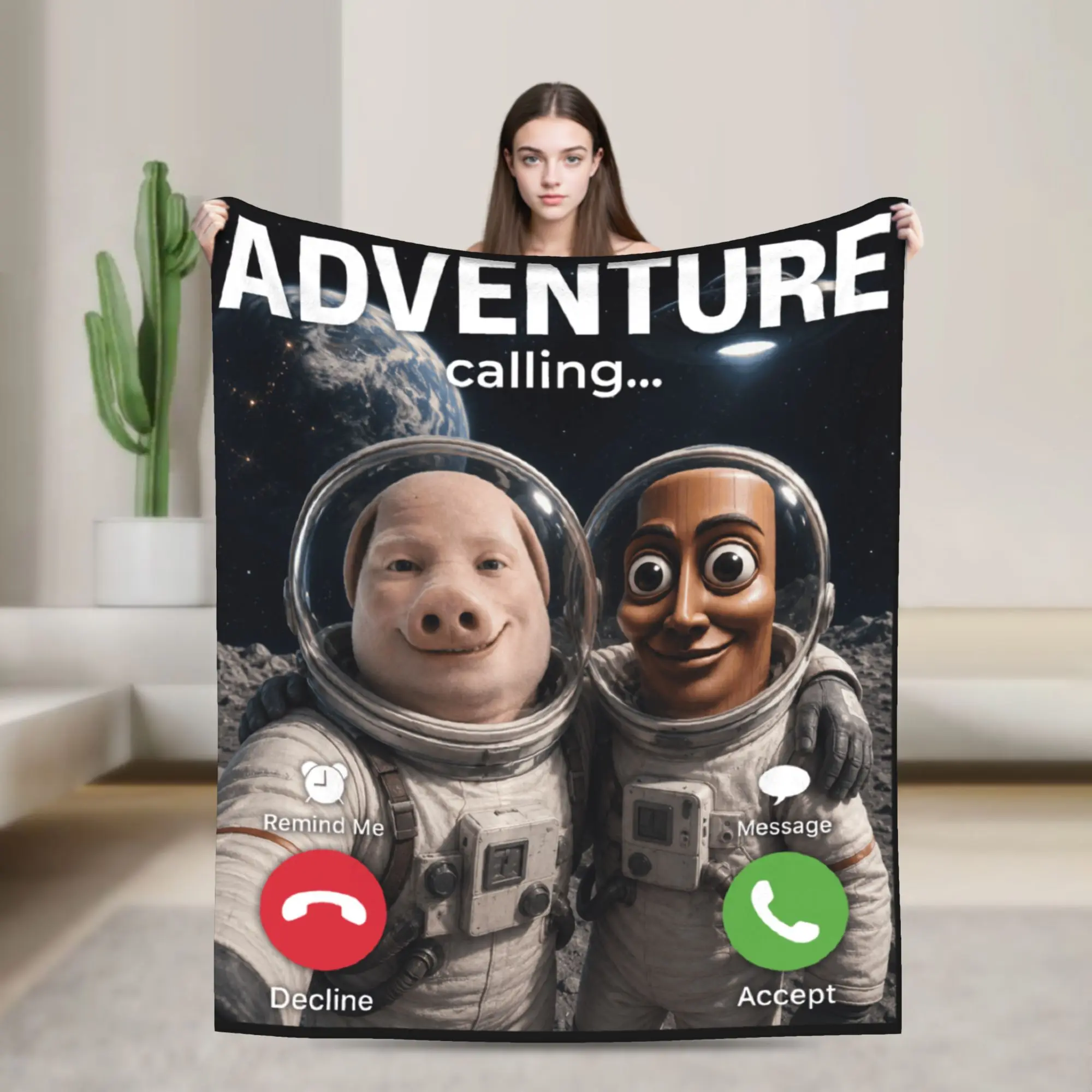 Funny Brainrot Outer Space Meme Tung Sahur John Pork Selfie Flannel Blanket Comfortable Throw Blanket Living Room Bedspread