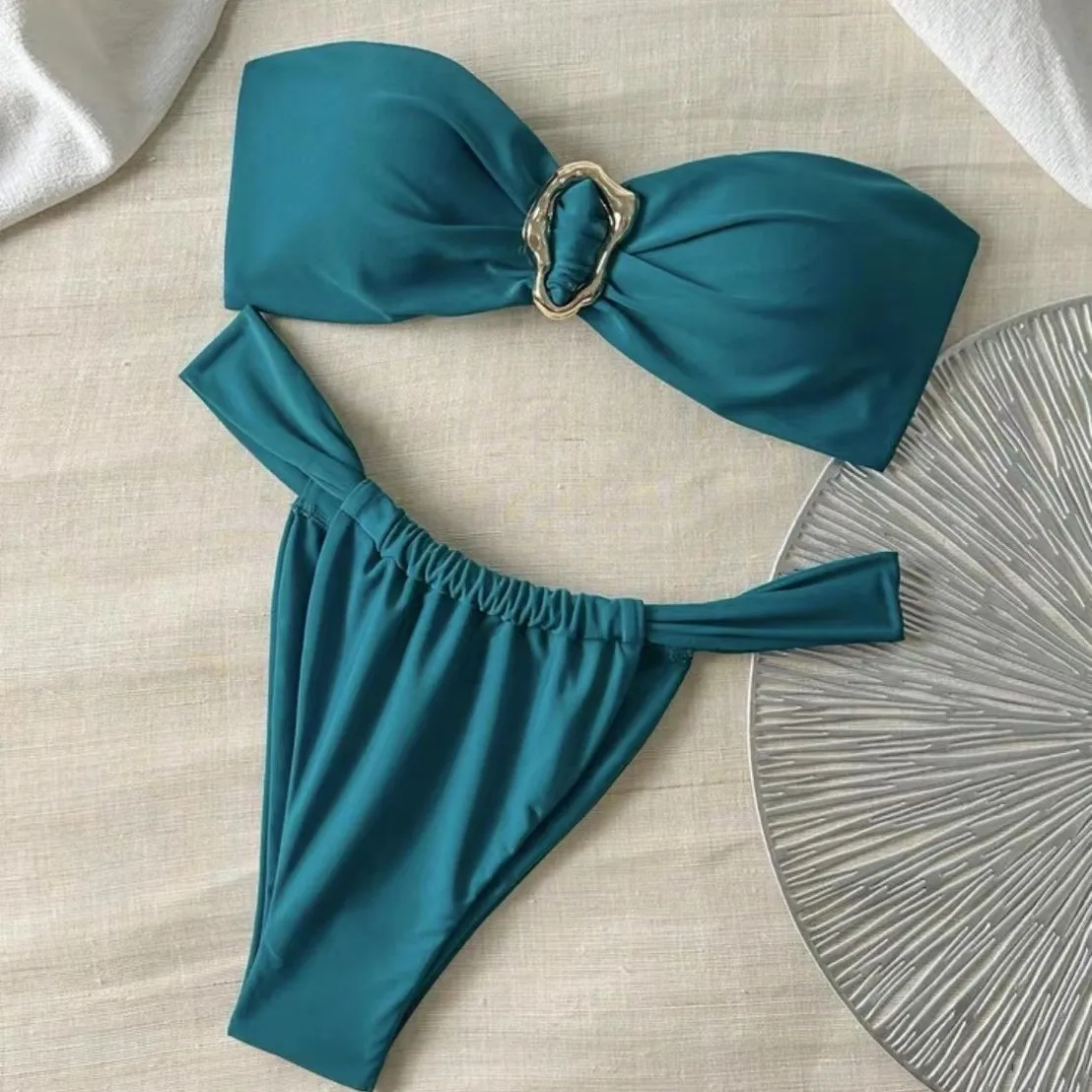 2026 New Solid Color Metal Ring Tube Top Split Two-piece Bikini Set Soft Stretch Multi Size Swimwear For Women Summer Beach Spa