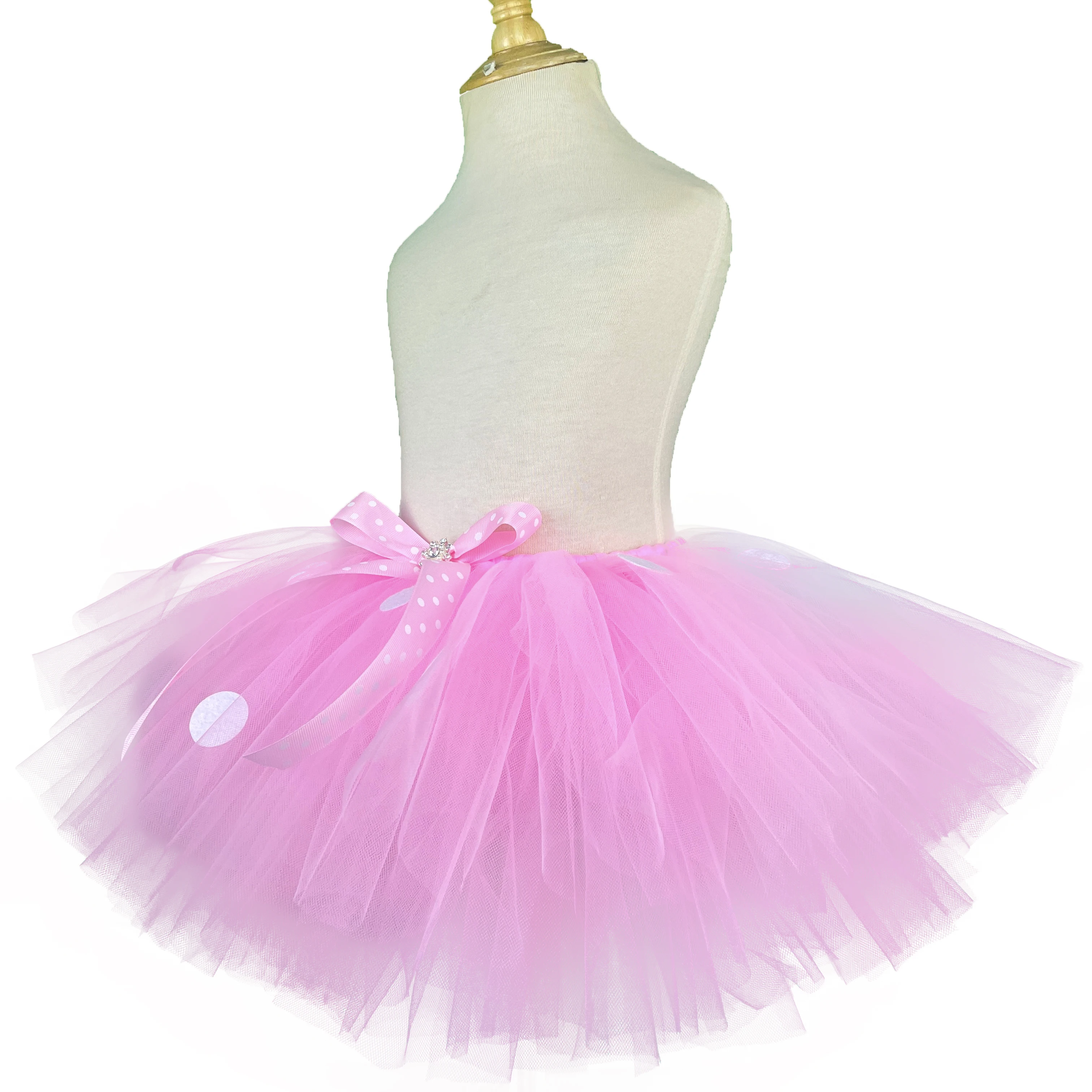 Girls Pink Cartoon Tutu Skirts Baby Ballet Tulle Pettiskirts with White Polka Dots and Hairbow Kids Cosplay Party Costume Skirt