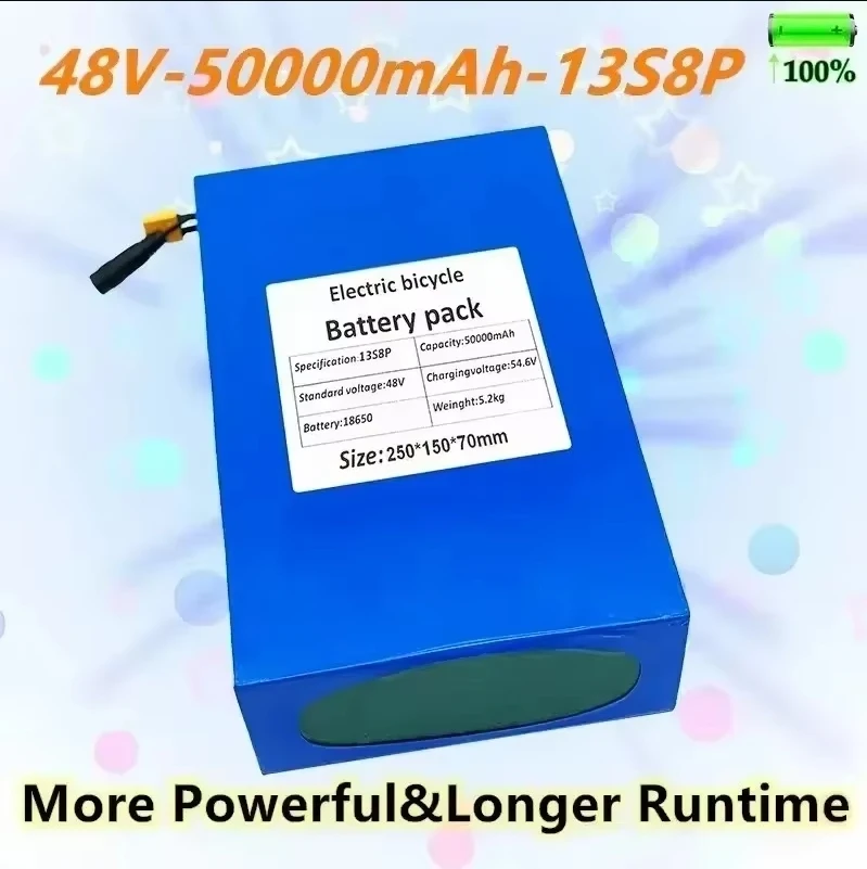 Original 48V 13S8P 50000mAh Lithium Battery Pack with 1000W Built-in BMS and Charger Suitable for Electric Bicycles and Scooters