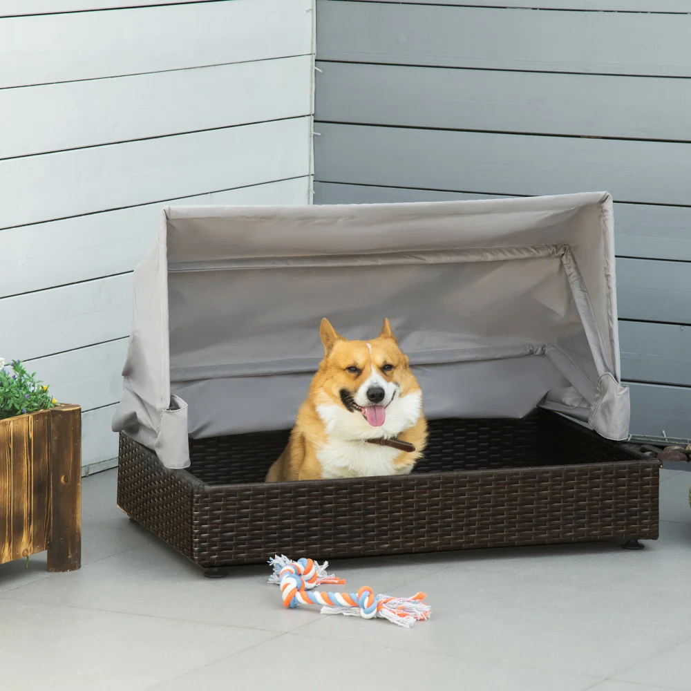 Rattan dog bed, elevated pet sofa, wicker cat house, indoor/outdoor use for garden patio with collapsible canopy