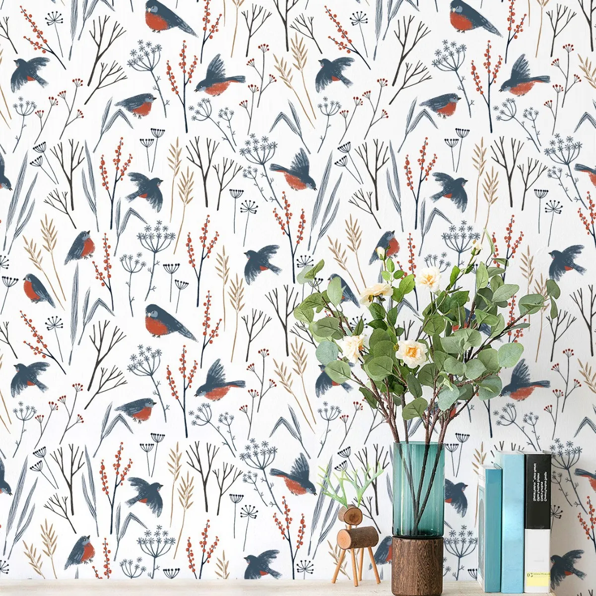

Bird Floral Wallpaper Swallow Botanical Flower Wallpaper Peel and Stick Removable Forest Wall Paper for Living Room Bedroom
