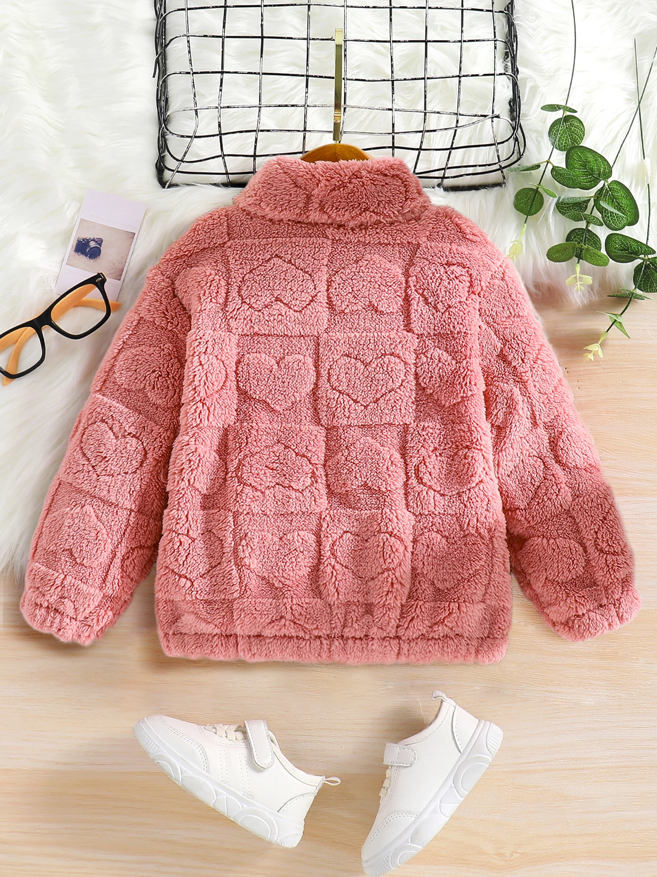 Girls\' and Children\'s 4-7Y Autumn Fashion High Collar Flip Velvet Coat - Pink Comfortable Loose