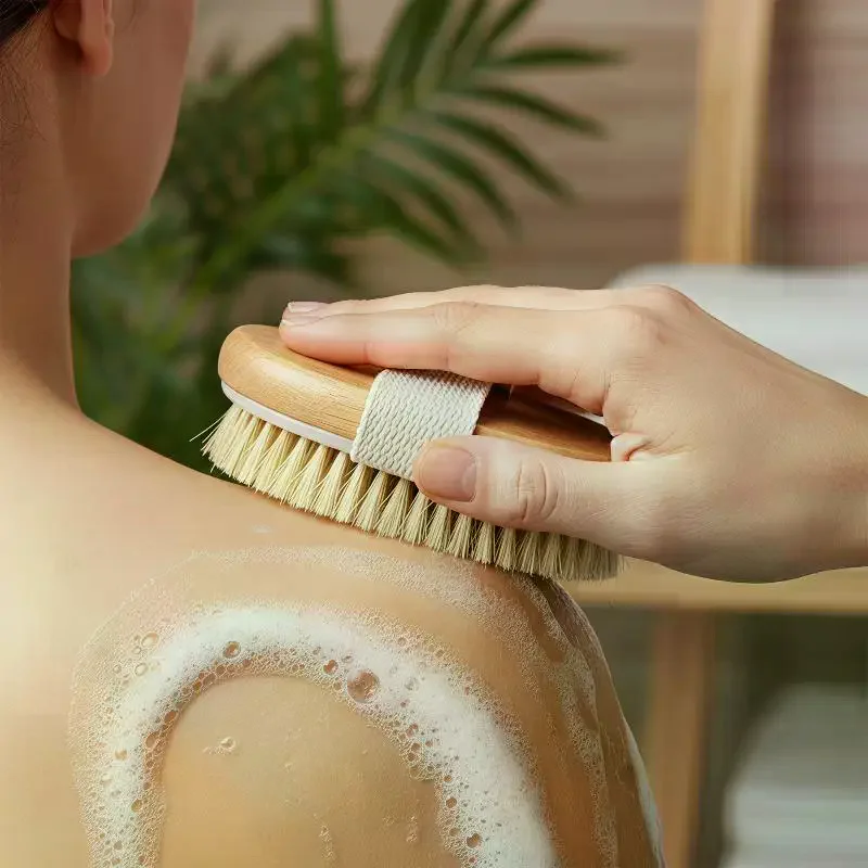 Wooden Long Handle Bath Brush Natural Boar Bristles Detachable Head Portable Lightweight for Travel Home Daily Shower Use