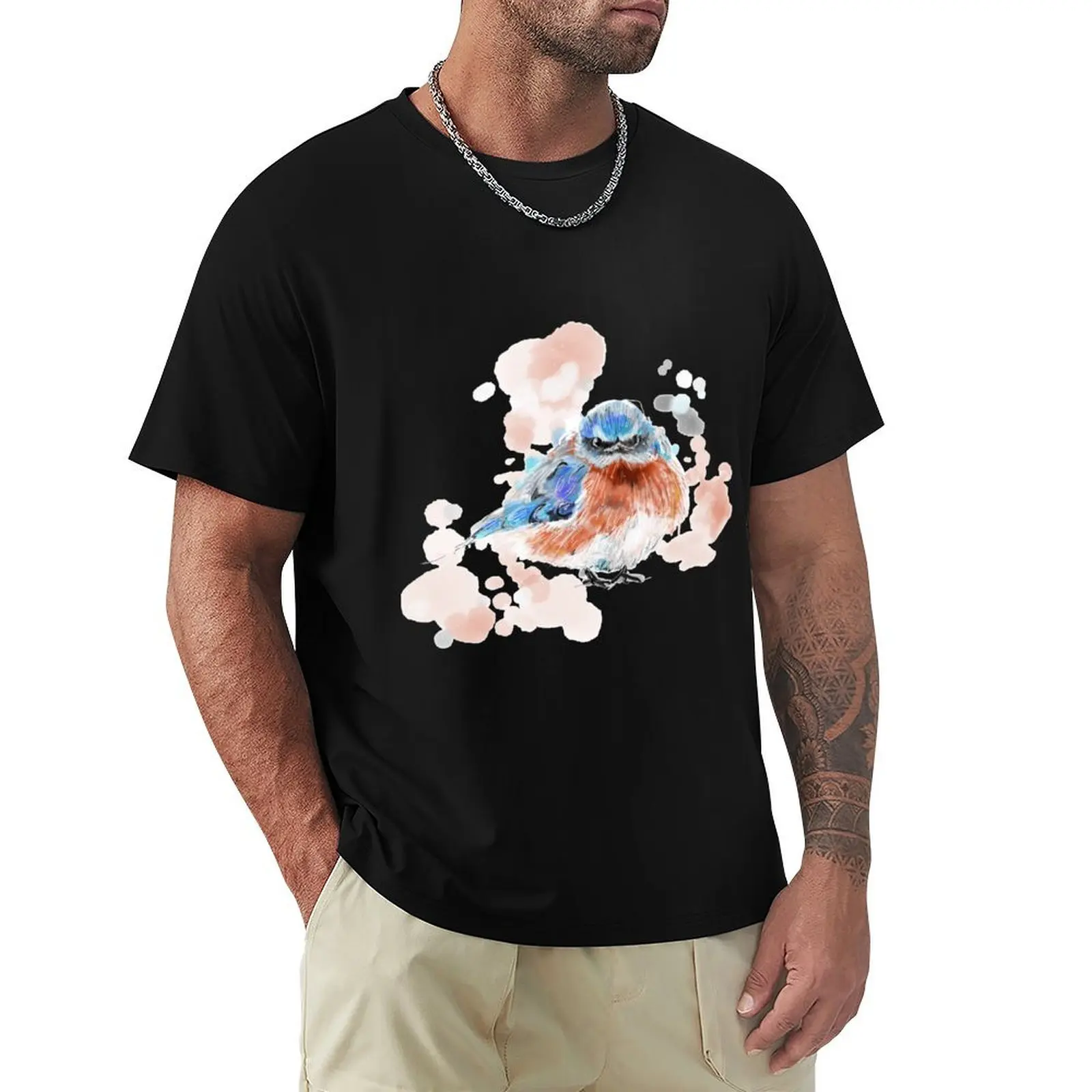 Blue and red watercolour bird. T-Shirt Work Duty Casual T-Shirt