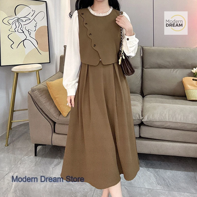 خياطة فرنسية قميص سترة وهمية قطعتين فستان المرأة الربيع والخريف حجم كبير جديد الخصر غطاء نحيف اللحوم تنورة طويلة