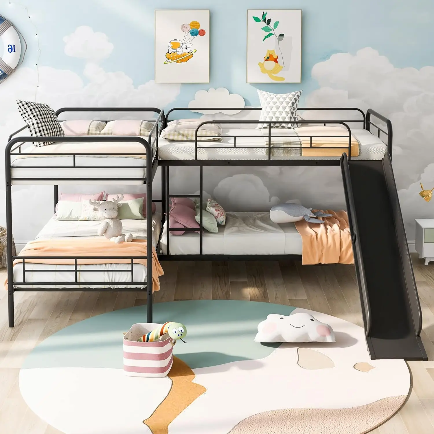 L-Vorm Bed Voor 4, Quad Stapelbedden Met Glijbaan, Hoek Stapelbedden Frame, Metalen Twin Size Bed Voor Kinderen, Tieners, Volwassenen