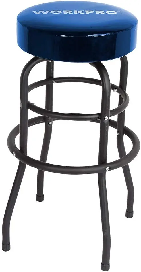 

Heavy-Duty Steel Garage Stool with Swivel Cushion Seat, Black Powder Coated Legs and Footrest