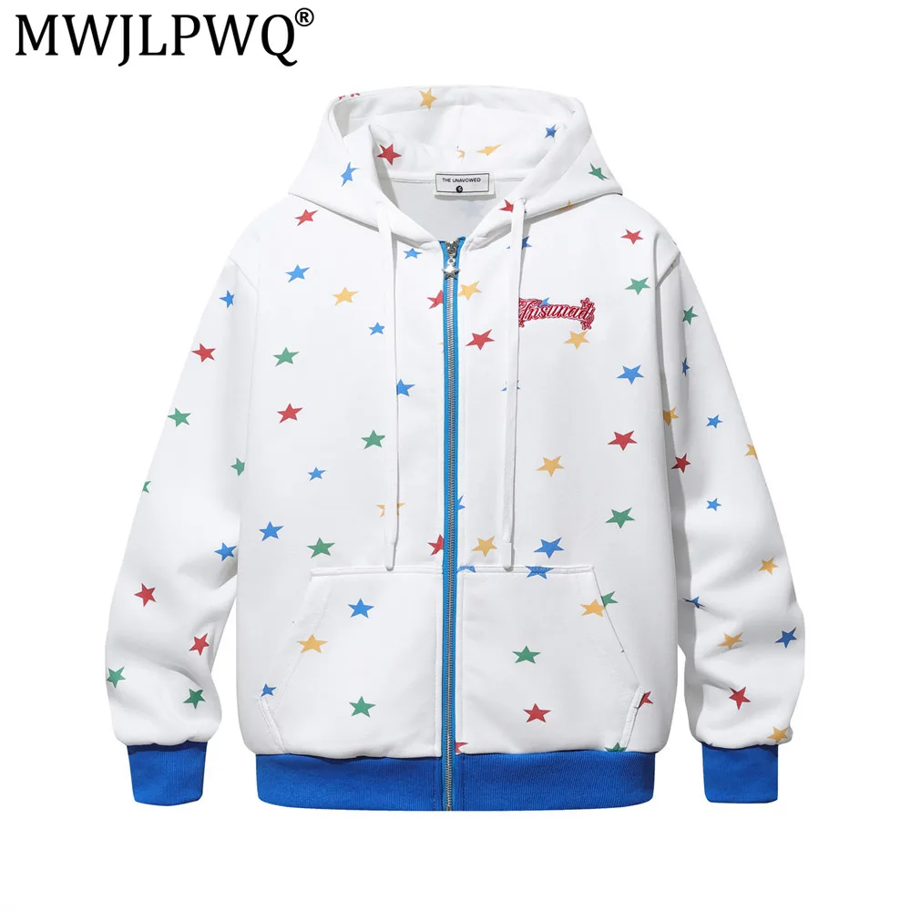 MWJLPWQ Colorful Star-Print Cardigan Hoodie For Men Trendy Vibe Long Sleeve Loose Fit Spring  Autumn Hooded Sweatshirt 20827