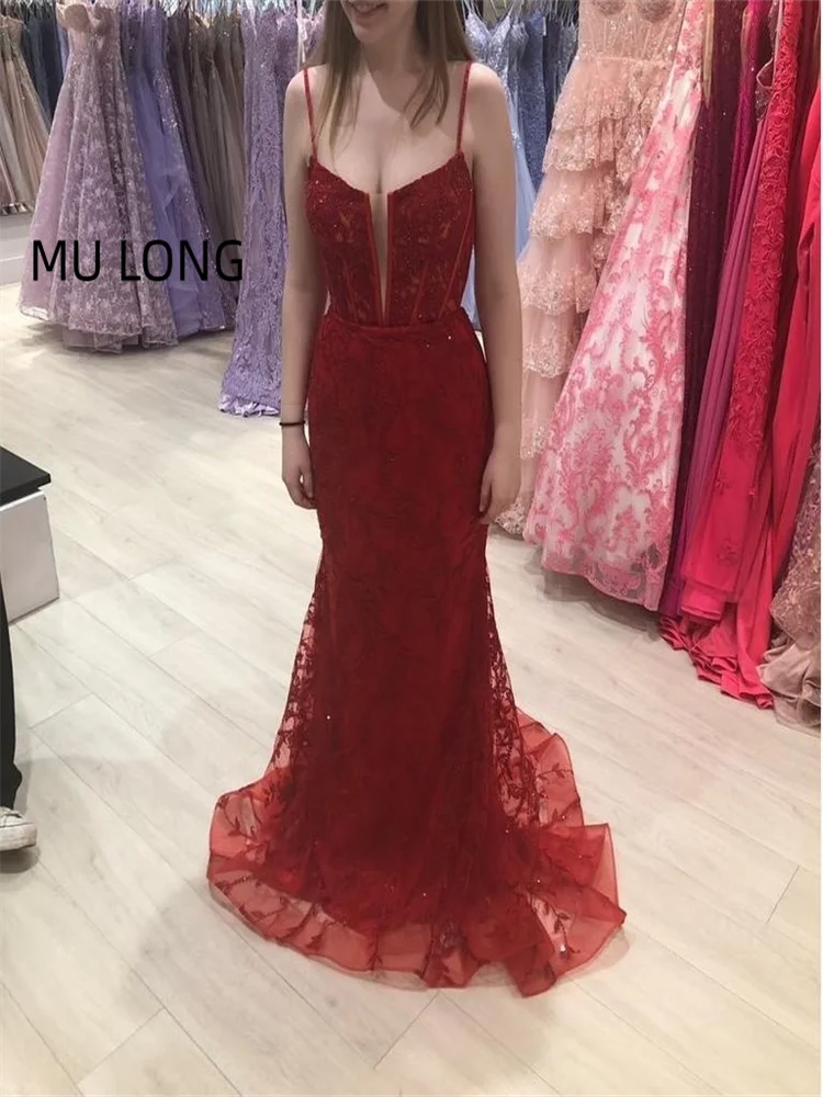 

MULONG Red Lace Tulle Fishtail Evening Dresses Sexy V-Neck Long Prom Dresses Elegant Party Dresses For Women