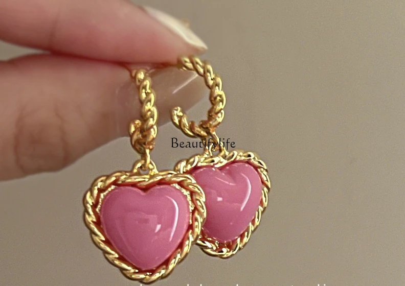 Cream Powder French Retro Candy Color Metal Heart Metal Earrings Simple Graceful