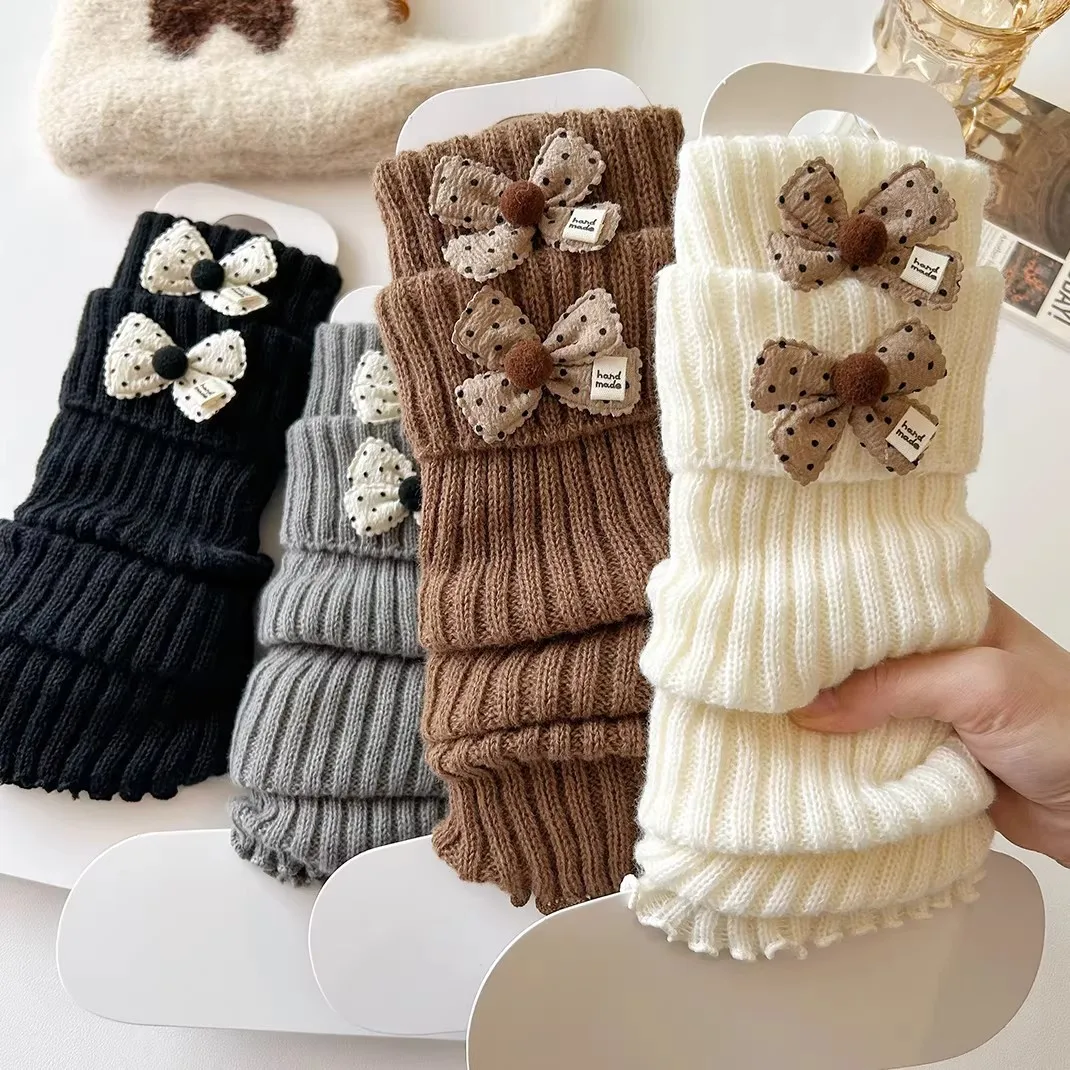 New Solid Color Leg Warmers Thickened Lolita Mid-Calf Sock Knitted Bow Pompom Hosiery Autumn and Winter