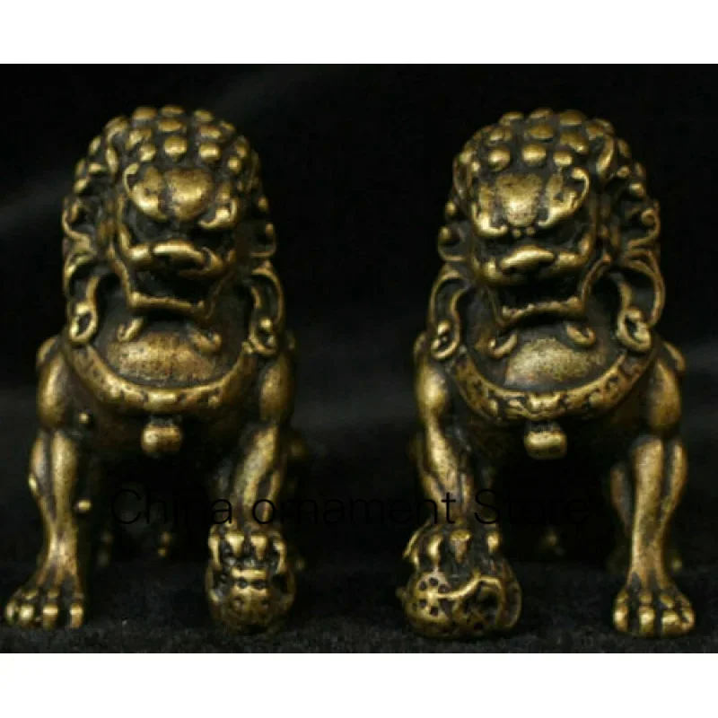 

Antique Folk Brass Bronze Feng Shui Blessing Dog Lion Guardian Lion Statue Pair