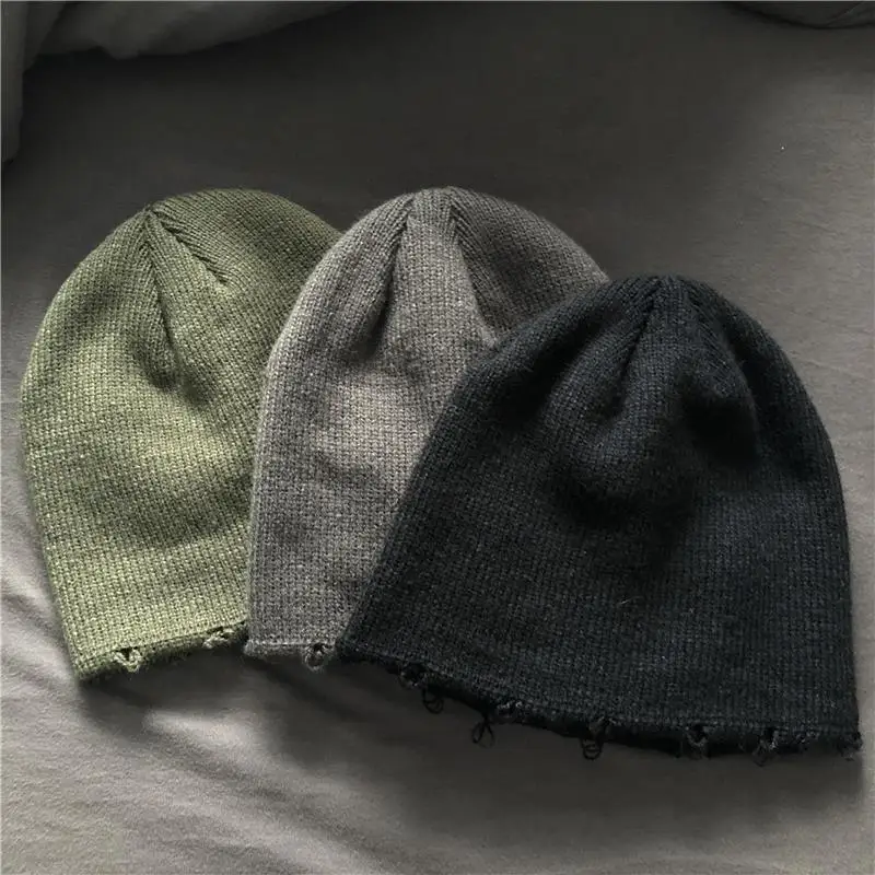 Autumn and Winter Korean Style Ins Japanese-Style Retro Pure Color All-Matching Thickened Thermal Knitting Woolen Cap Ripped Hat