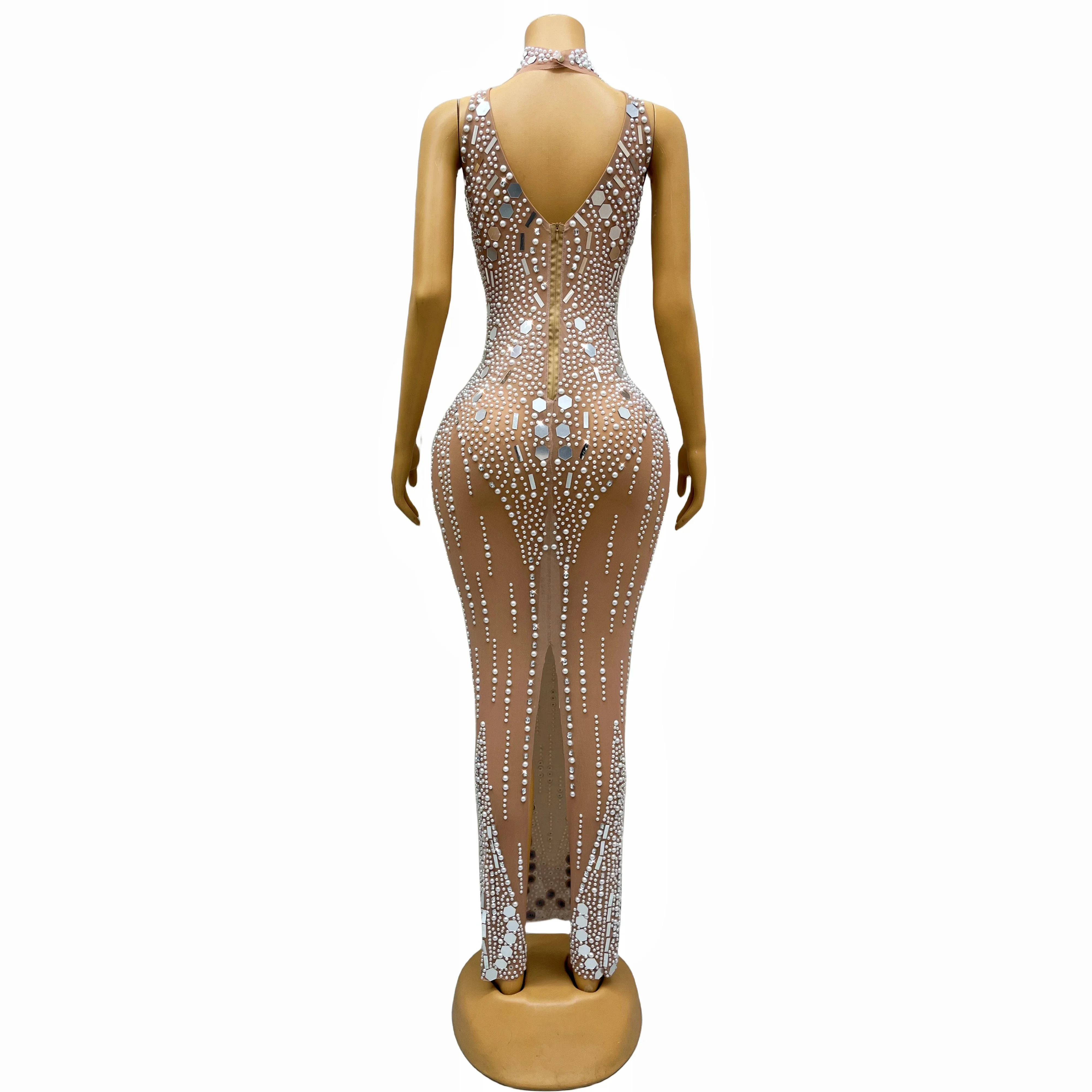 Specchi d'argento strass perle sera celebrare vestito danza Performance Outfit compleanno Stretch Costume baiyu