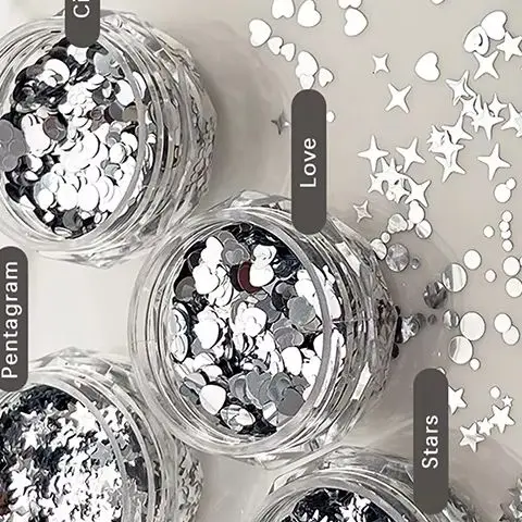 반짝이는 은색 스팽글 믹스 모양 스타라이트 러브 스타 슬라이스 데칼 매니큐어 파이예트 참 네일 아트 스티커 1병