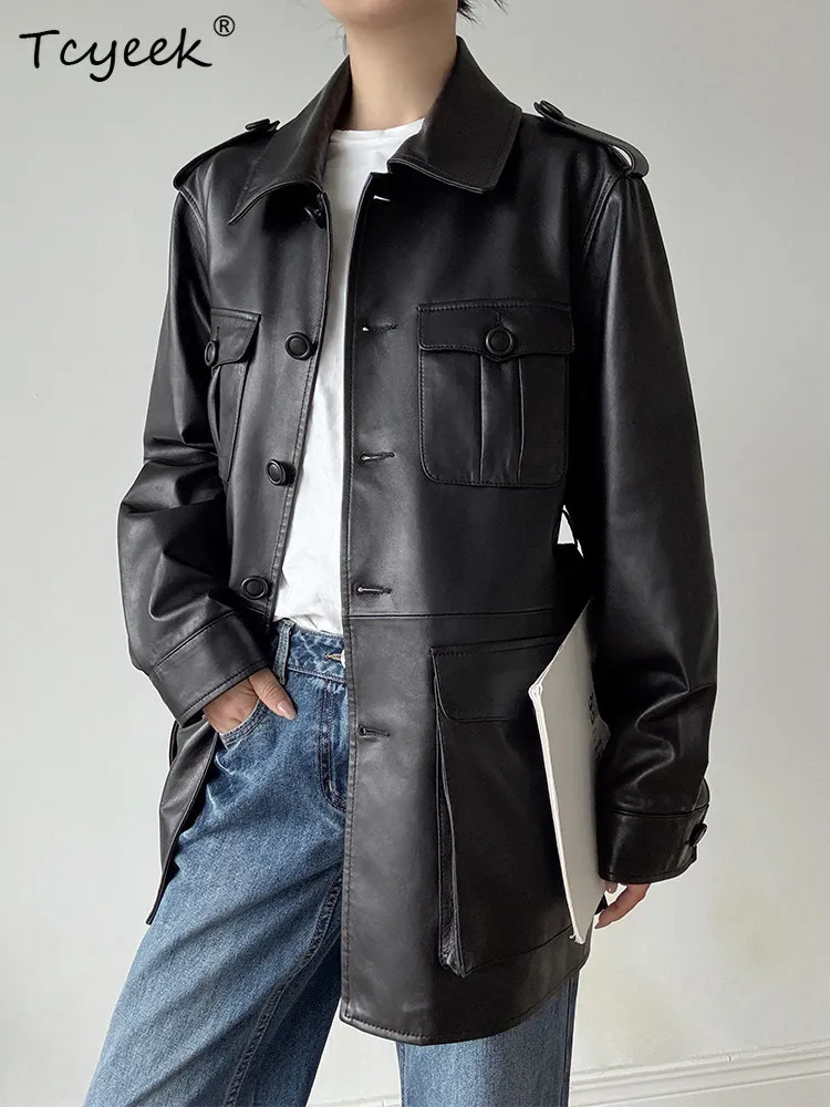 Tcyeek Echtes Leder Jacke Frauen Herbst Kleidung Echte Schaffell Mäntel Frau Gürtel Mid-länge Graben Mantel Halb Gemüse Bräunung