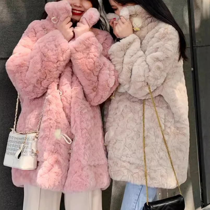 Women Faux Fur Mid Length Coats Jackets Turn Down Collar Coat Thick Warm Y2k Streetwear Jacket Elegant Work Autumn Winter