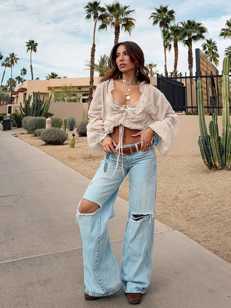 

2025 Новая женская сексуальная блузка с глубоким v-образным вырезом и длинным рукавом на шнуровке, элегантный свободный топ с рюшами, летняя повседневная уличная мода