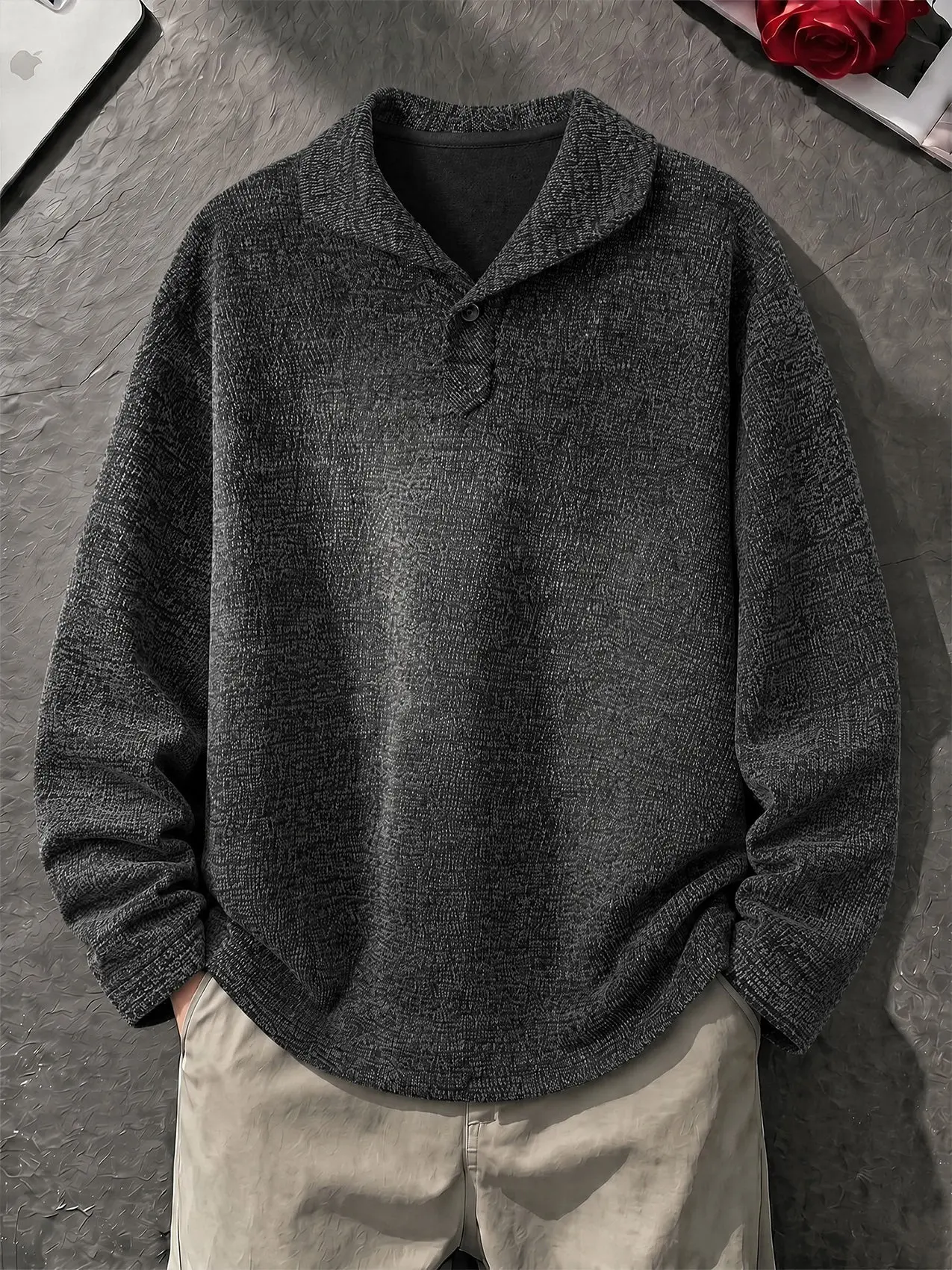 Gray Textured Knitted Long Sleeve  Shirt Men's Casual O-Neck T-Shirt Old Money Style Loose Fit Standard Edition Autumn Wear